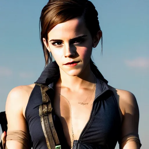 Prompt: Emma Watson full shot modeling as Lara Croft, (EOS 5DS R, ISO100, f/8, 1/125, 84mm, postprocessed, crisp face, facial features)