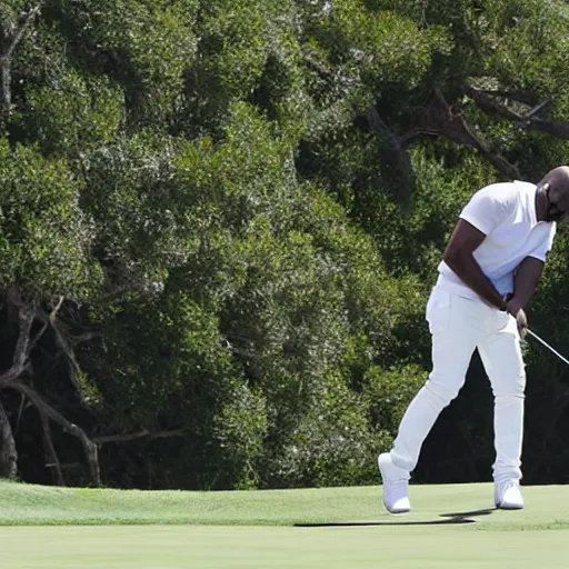 Prompt: kanye west playing golf with jesus. paparazzi photo taken from a distance. trees in the background on a sunny day.