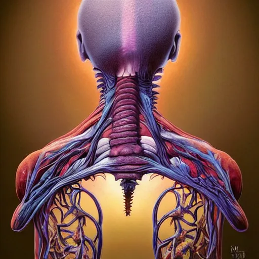 Image similar to nightmare etherreal iridescent vascular nerve bundles pearlescent spinal chord horror by naoto hattori, zdzislaw, norman rockwell, studio ghibli, anatomical cutaway