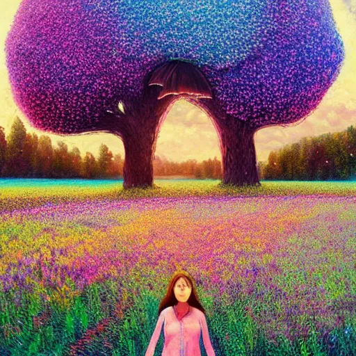 Image similar to girl made from large flower, standing in flower field, surreal photography, big trees, sunrise dramatic light, impressionist painting, colorful clouds, digital painting, pointillism, artstation, simon stalenhag