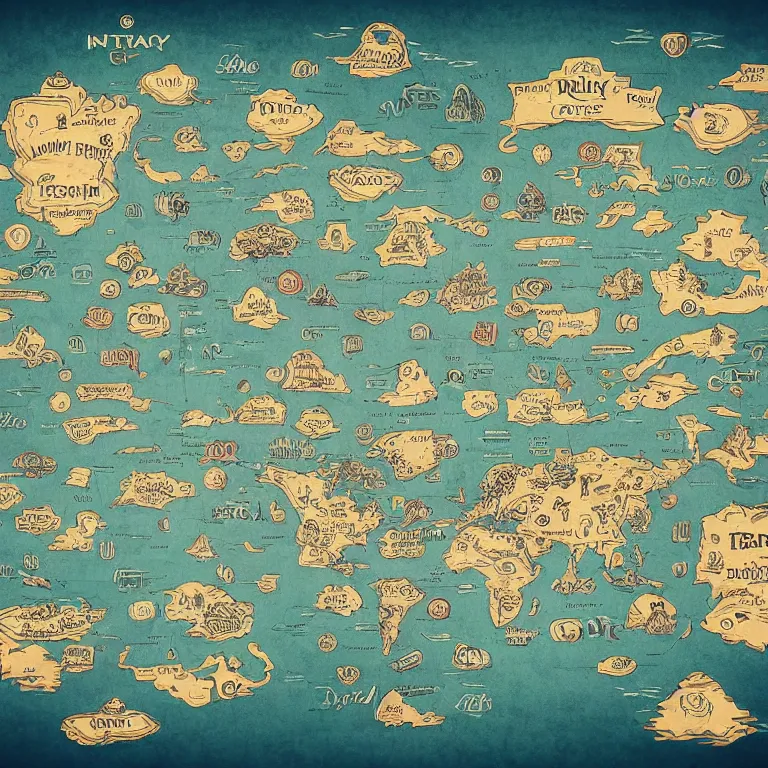 Image similar to imaginary map of different realms, map of fantacy world, different realms, mobile game art, blueprint, infographic, vintage theme, on paper, realms with different colors, with notes, highly detailed, hyper realistic