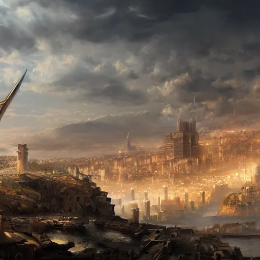 Image similar to a painting of achilles, a city in the background, ultra detailed, high fantasy, 4 k, trending on artstation, cinematic, concept design