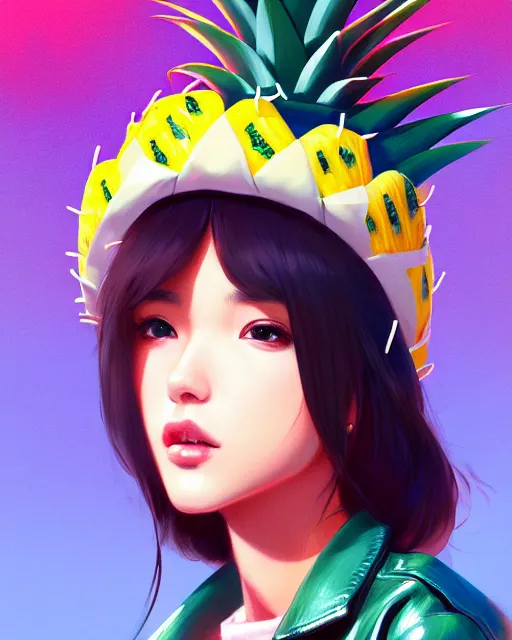 Image similar to pineapple girl wearing a candy hat and leather jacket, fine detail!! anime!! realistic shaded lighting!!, kim hyun joo, digital painting by ilya kuvshinov, magali villeneuve, artgerm, jeremy lipkin and michael garmash and rob rey