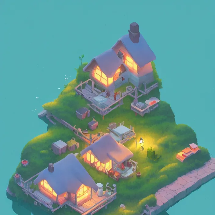 Image similar to isometric view of a cozy cottage in the middle of a lake, isometric design, cory loftis, james gilleard, atey ghailan, makoto shinkai, goro fujita, studio ghibli, exquisite lighting, clear focus, very coherent, soft painting