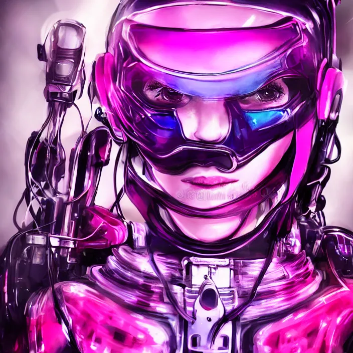 Prompt: biker girl in cybernetic helmet beautiful realistic symmetrical defined face, slight smile and open eyes, anatomically correct, cyberpunk, full portrait, high detail, realistic, synthwave neon pink and blue and red and purple and black