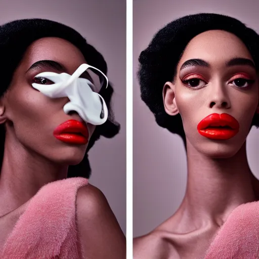 Prompt: realistic photoshooting for a new balenciaga lookbook, vhs colour photography, portrait of model Winnie Harlow woman, in style of Tyler Mitchell, 35mm,