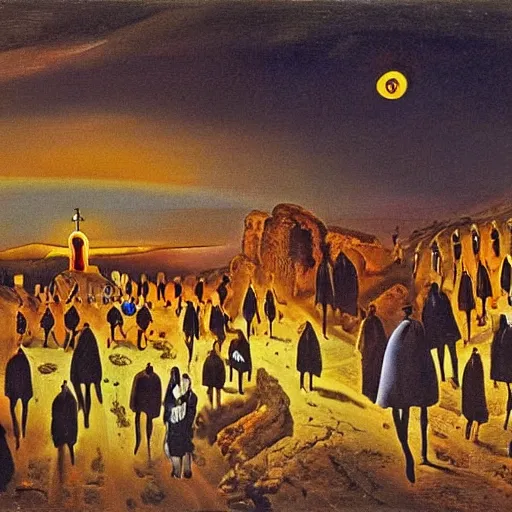 Image similar to A A Holy Week procession of souls in a Spanish landscape at night by Salvador Dali.