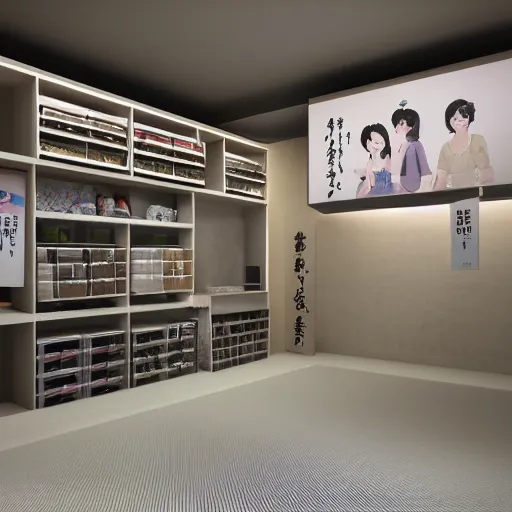 Image similar to still photo of a japanese store room, highly detailed, photorealistic portrait, bright studio setting, studio lighting, crisp quality and light reflections, unreal engine 5 quality render