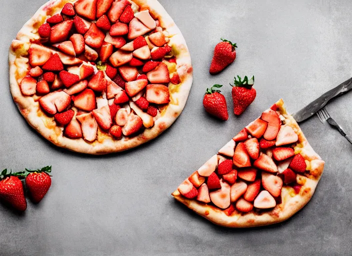 Image similar to A delicious plate of a big pizza with strawberries on, extra cheese, close up food photography, studio lighting, Sigma 35mm f/1.4