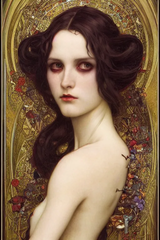 Prompt: masterpiece painting of beautiful vampire girl by donato giancola, darius zawadzki and tom bagshaw, face by artgerm and edmund leighton, alphonse mucha, background by james jean and gustav klimt, 8 k, biomechanical horror, majestic, volumetric lighting, porcelain skin, french nouveau, trending on pixiv