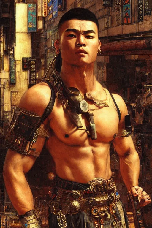 Prompt: cyberpunk ancient japanese city, orientalist intricate portrait of a muscular man by john william waterhouse and edwin longsden long and theodore ralli and nasreddine dinet, hyper realism, dramatic lighting