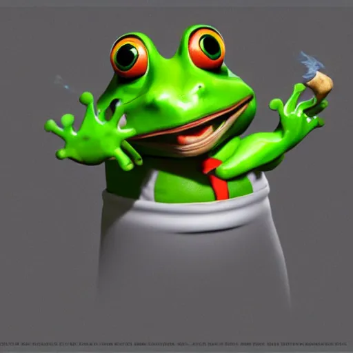 Image similar to a high quality photo of an antropomorphic frog wearing a suit smoking a cigar, 3d scene, render, ultra realistic, artstation, cgsociety