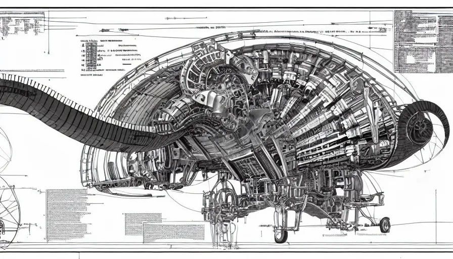 Prompt: a full page of a mechanical blueprint showing a cutaway design for a mechanized brontosaurus from howl's moving castle ( 2 0 0 4 ), with people inside piloting it, muted colors, post grunge, studio ghibli, hq