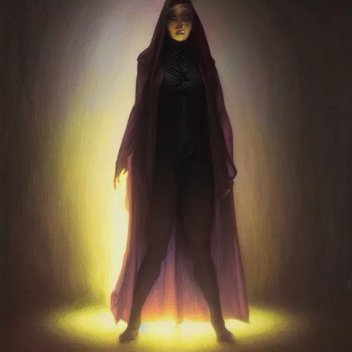 Image similar to concept art painting of beautiful figure the called the moonbow queen black cloak, a rainbow in the dark, colorful, by Michael Whelan, William Adolphe Bouguereau, and Donato Giancola, cyberpunk, artstation, extremely moody lighting, glowing light and shadow, atmospheric, shadowy, cinematic, 8K