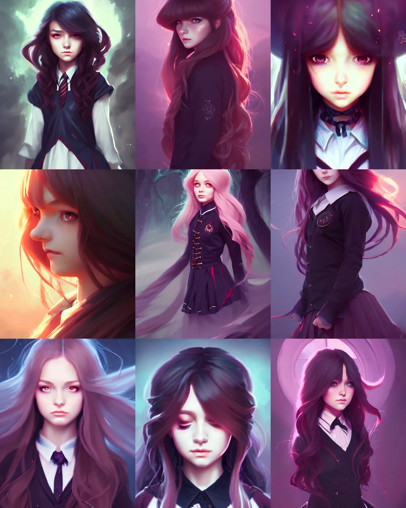 Prompt: Portrait of a beautiful girl, dark magic school student uniform, flowy hair, cinematic lighting, highly detailed, digital painting, trending on artstation, pixiv, concept art, sharp focus, illustration, art by Ross Tran and WLOP