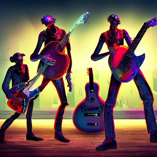 Prompt: album art, rockband with 3 dieselpunk robots playing guitar, robos rock, 8 k, flourescent colors, halluzinogenic, multicolored, exaggerated detailed, front shot, 3 d render, octane