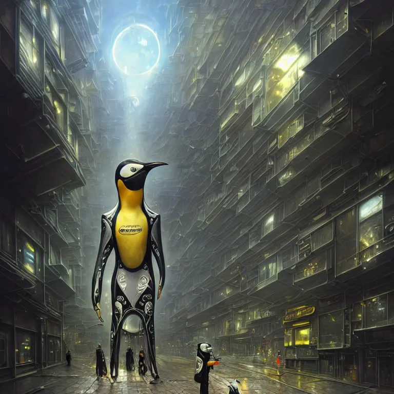 Prompt: A solarpunk very highly detailed Anthropomorphic cybertronic penguin wearing sport suit with very highly detailed face on the street of a very highly detailed solarpunk city digital surrealism art by Greg Rutkowski and Josan Gonzalez, highly detailed, digital concept art, Volumetric natural light, sharp focus, Golden Ratio illustration, realistic concept art by Stephen Hickman and James Gurney and Hiromasa Ogura Ghost in the Shell rendered in VRAY, From the distance