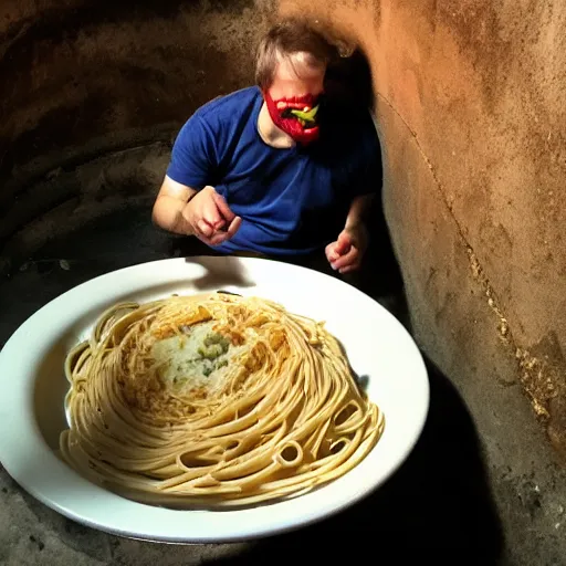 Image similar to The Impostor from Among Us eating Pasta in the sewers.
