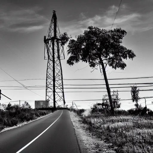 Image similar to a road next to warehouses, and a hill behind it with a radio tower on top, red tint