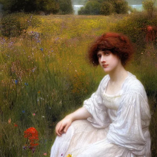 Image similar to a young woman in a flowing white gown sits on a rainbow stone among a wildflower meadow at dawn, in the style of alma tadema, iridescent, diffraction, holographic