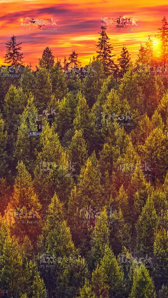 Prompt: beautiful sunset with tons of aligned trees, epic stock photo