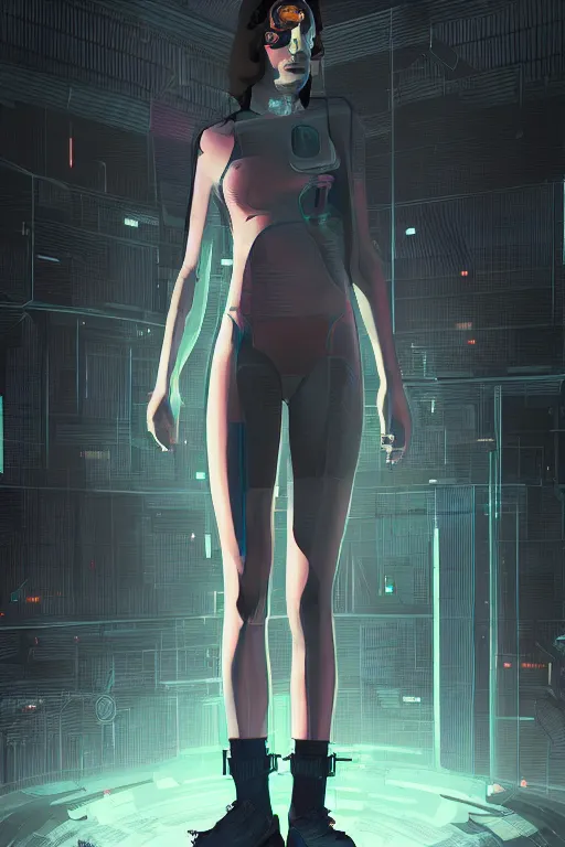 Prompt: full body portrait of cyberpunk girl inspired by william gibsons neuromancer, the sprawl, plain background, ultrafine detail, digital concept art, masterpiece!!!