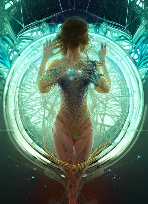 Image similar to fractals!! water, hybrids, tech wear, scifi, glowing lights!! intricate elegant, highly detailed, digital painting, artstation, concept art, smooth, sharp focus, thin glowing wires, illustration, art by artgerm and greg rutkowski and alphonse mucha, singularity!!!