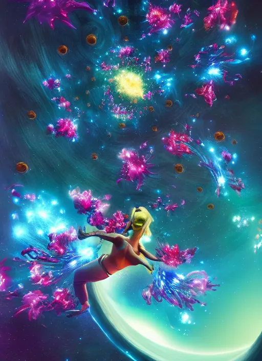 Image similar to An epic fantastic realism comic book style painting of the most beautiful spiraling flowers launched across the dark and starry Universe, floating bouquets, nebula, fisheye, unreal 5, DAZ, hyperrealistic, octane render, dynamic lighting