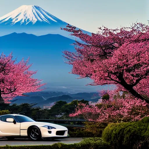 Prompt: a jdm mazda rx 7 2 0 8 9 futuristic version, cyber punk look hovering by mount fuji early in the morning with a few blossom trees around, high quality photo