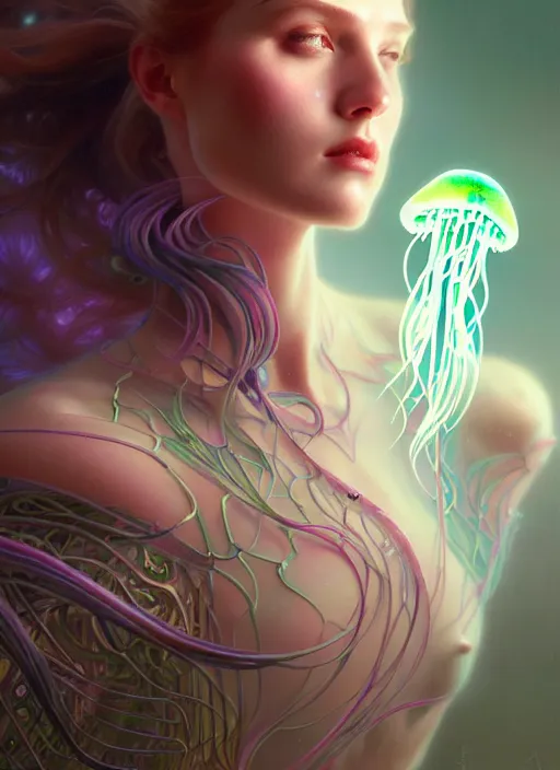 Prompt: organic cyborg, neon jellyfish, diffuse lighting, fantasy, intricate, elegant, highly detailed, lifelike, photorealistic, digital painting, artstation, illustration, concept art, smooth, sharp focus, art by John Collier and Albert Aublet and Krenz Cushart and Artem Demura and Alphonse Mucha