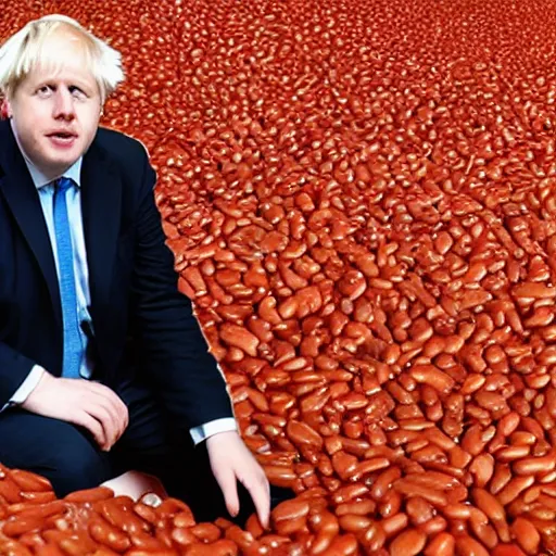 Prompt: Boris Johnson sitting inside a bathtub full of baked beans, photograph