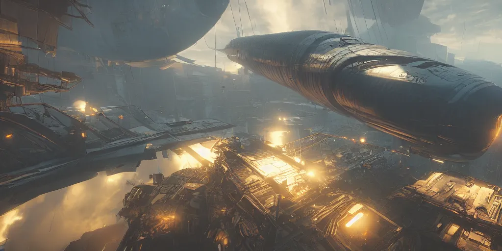 Prompt: screenshot from a renaissance airship cyberpunk first person shooter, fps, raytracing, render, 4 k, by greg rutkowski