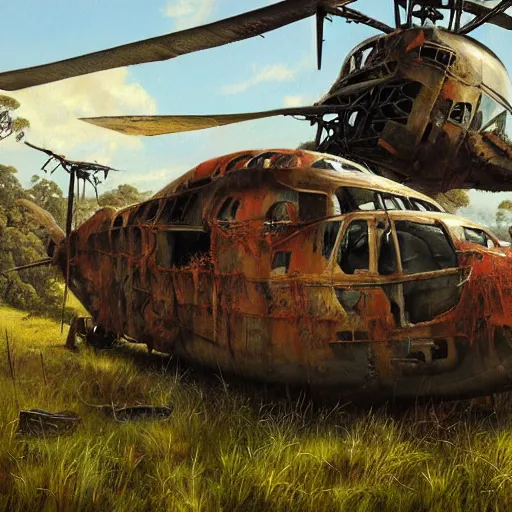 Prompt: hyper realistic painting of an australian landscape an abandoned rusted helicopter covered with moss. by _ simonstalenhag