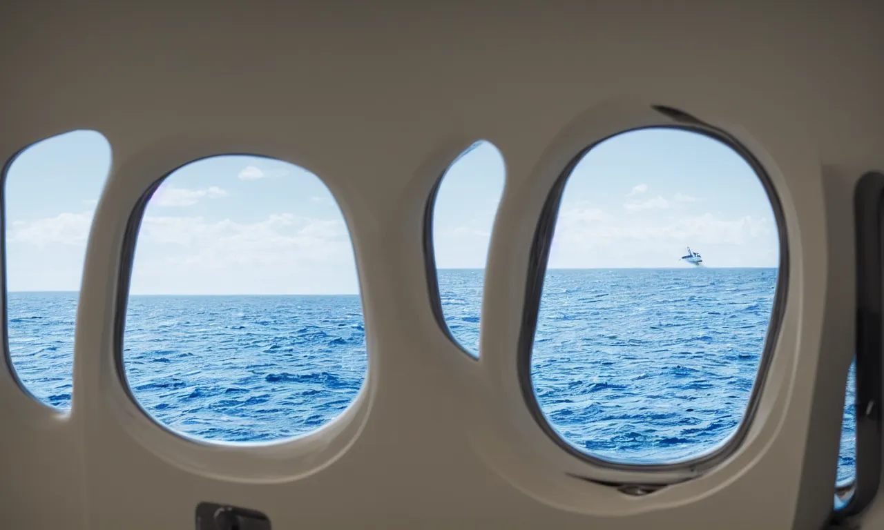 Prompt: view through the horizontal big oval window of Gulfstream G650 at the sea, man unfocused, sea in the focus, super yacht on a horizon, summicron 35mm f/2