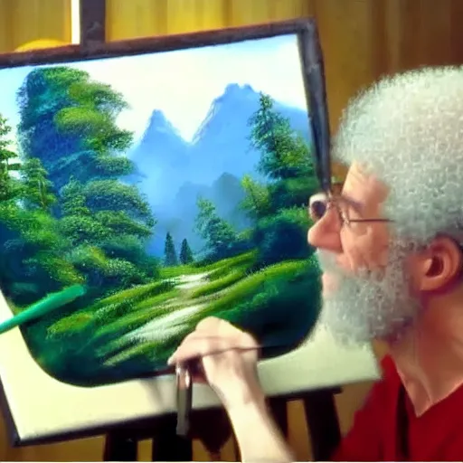 Prompt: Bob Ross painting a mountain, footage from Bob Ross show