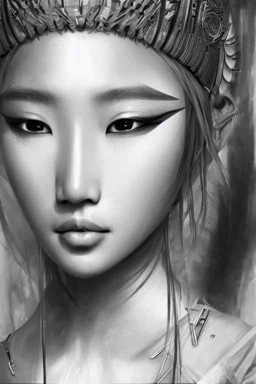 Image similar to a portrait of an asian goddess, detailed, realistic eyes, symmetry features proportions, intricate facial details, cybertech wear, award winning, trending in cgsociety artstation deviant art