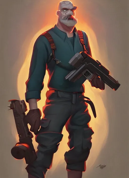 Image similar to a fusion of the heavy from team fortress 2 and bernie sanders, character portrait, cinematic lighting, art by artgerm and tom bagshaw, team fortress character art, socialist mercenary