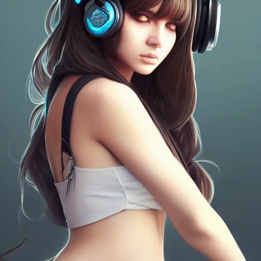 Image similar to beautiful full portrait of a girl, brunette curvy long hair, full - body shot, wearing cyberpunk headphones, streetwear, like a fashion model + high detailed, resolution beautifully detailed landscape trending on artstation 8 k, cinematic, epic detailed trending on artstation 8 k, by bukurote + krenz cushart + ryota - h + wlop