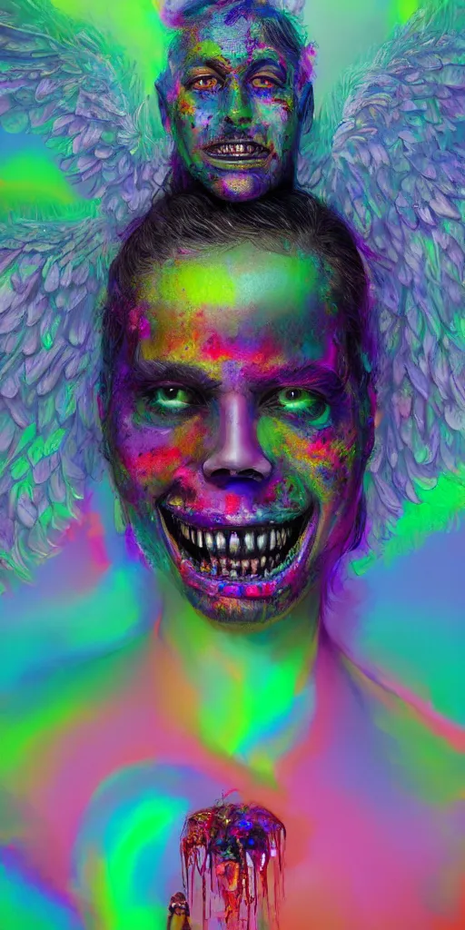 Image similar to impossibly beautiful portrait, dapper dream demon, wings, bad trip, insane smile, intricate complexity, surreal horror, inverted neon rainbow drip paint, trending on art station, photoreal, 8 k, octane render by greg rutkowski