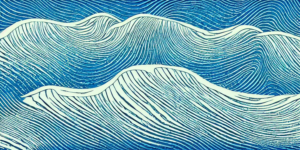 Image similar to clouds and waves, An aesthetically pleasing, dynamic, energetic, lively, complex, intricate, detailed, well-designed digital art of a beach, ripples, waves, sea foam, light and shadow, overlaid with aizome patterns, Shin-hanga by Bob Ross, traditional Japanese colors, superior quality, masterpiece, featured, trending, award winning, HDR, 8K