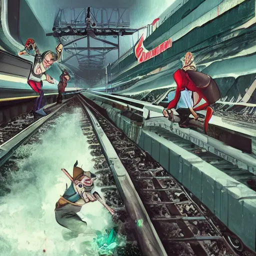 Image similar to Gutter punks hopping a train on the interdimensional railway. Detailed 8k masterpiece.