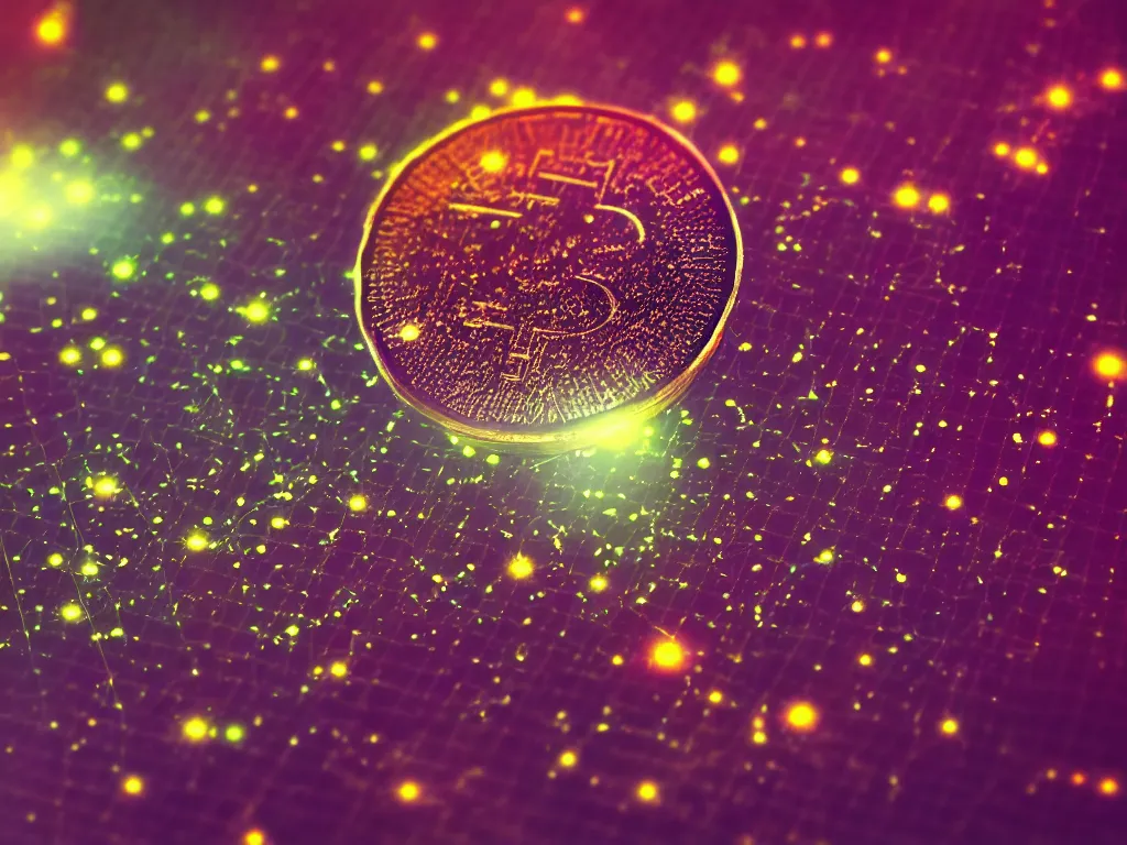 Prompt: glowing coin, dispersion, bokeh, digital art, ultra-detailed, cyberpunk colors