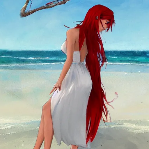 Image similar to beautiful woman with red hair in white sundress on the beach, perfect face, perfect body, eye contact, flirting, smiling, drawn by greg rutkowski