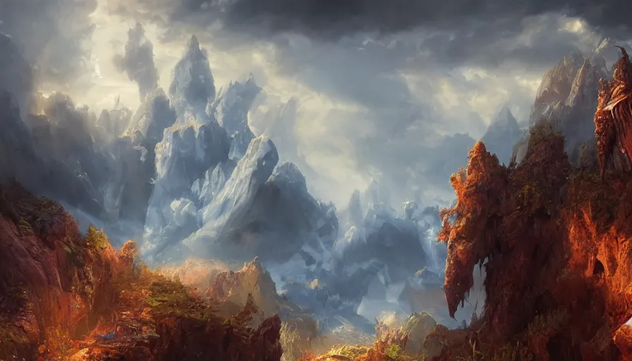 Prompt: excellent painted deamon in an epic and magical landscape from another dimension with fluffy clouds, painted by Hans Fredrik Gude, Greg Rutkowksi, Craig Mullins and Artgerm, concept art 2022, 4k, ultra realistic highly detailed oil painting