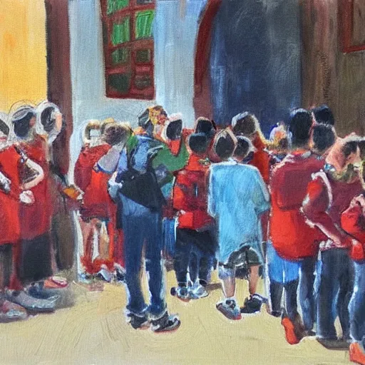 Image similar to teenegers with phones as head stend in front of a school in genoa. painting