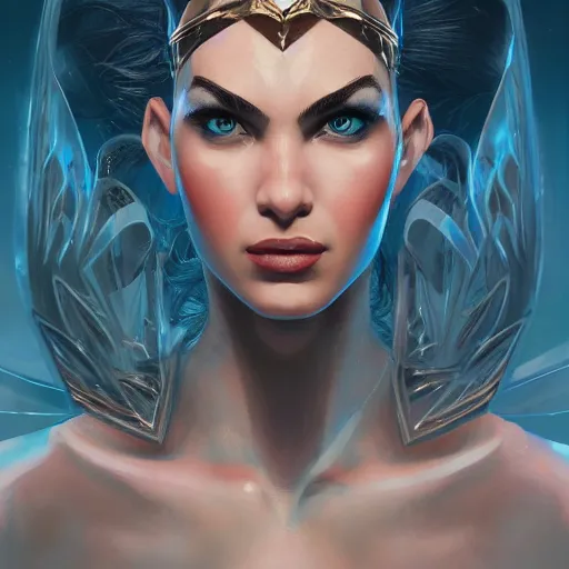 Image similar to head and shoulders portrait of modern darna, shark with a laser beam attached to its head, intricate, elegant, dark vibes, highly detailed, digital painting, artstation, glamor pose, concept art, smooth, sharp focus, illustration, art by wlop, mars ravelo and greg rutkowski