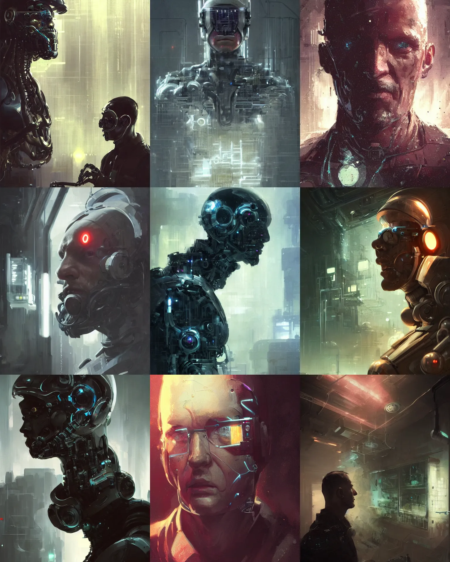 Prompt: a laboratory operator man with cybernetic enhancements seen from afar, scifi character portrait by greg rutkowski, craig mullins, 1 / 4 headshot, cinematic lighting, dystopian scifi gear, profile picture, mechanical, cyborg, half robot