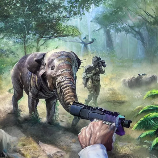 Image similar to concept art for a first person shooter game set in a zoo, oil painting, realistic, 4 k, stunning, intense, colourful, animals