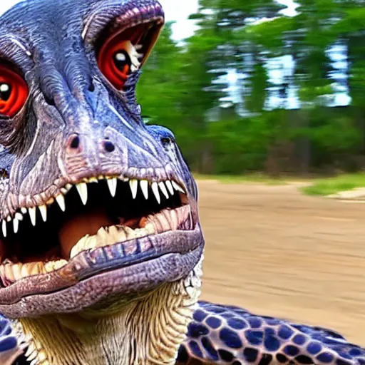 Prompt: still from a velociraptor's vlog