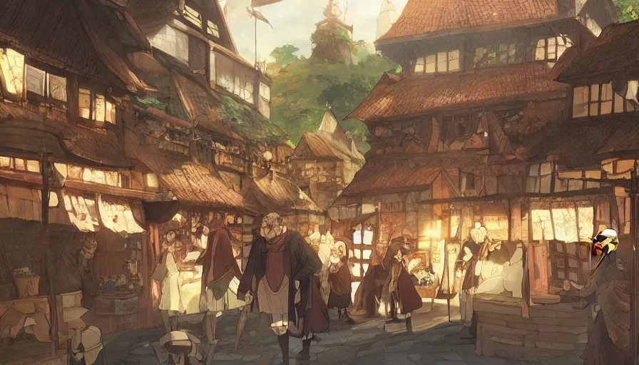 Image similar to “Ais-Wallenstein” at dawn in an medieval isekai market • cinematic anime screenshot by the Studio JC STAFF